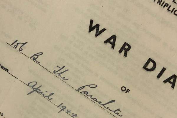 Close up of a document with 'War Diary' written in bold letters.