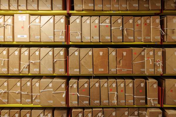 Rows of neatly stacked archival boxes.