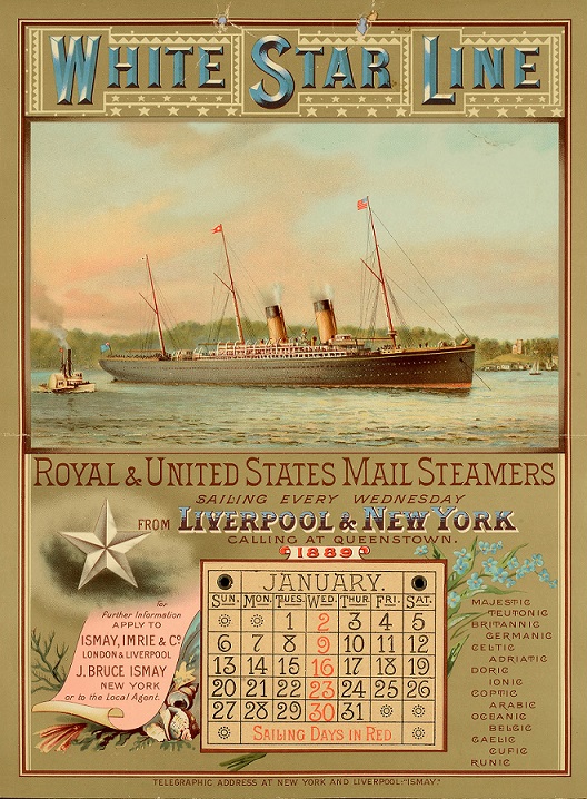 A reproduction of an advertisement from 1889 for the White Star Line (catalogue reference COPY 1/930). White Star Line ships transported tens of thousands of British emigrants to Canada and the United States in the late 19th and early 20th centuries.