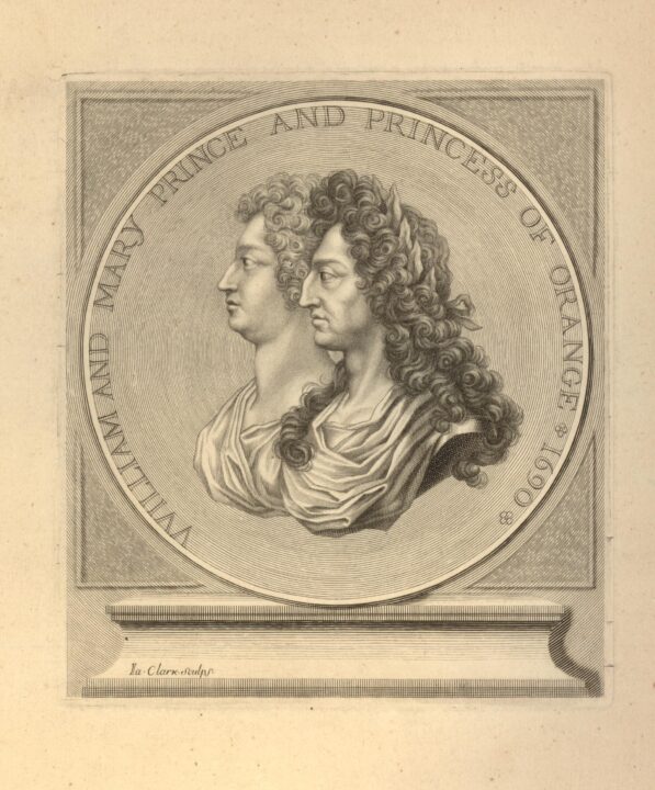 Engraving showing the profiles of a man and woman turned to the left. They wear draped fabric around their necks and have curled hair. A circle surrounds their portrait, around the edge of with are the words "William and Mary Prince and Princess of Orange 1690".
