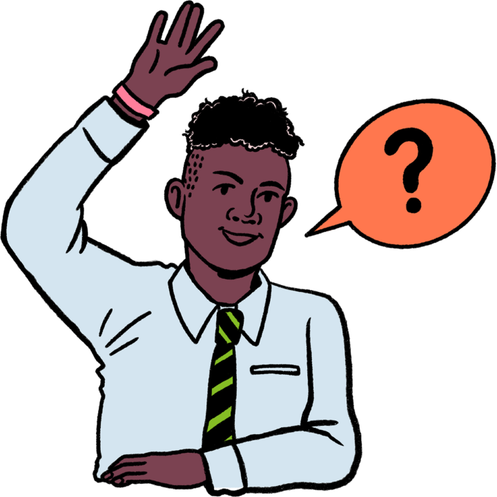 Illustration of a student raising their hand with a speech bubble containing a question mark.
