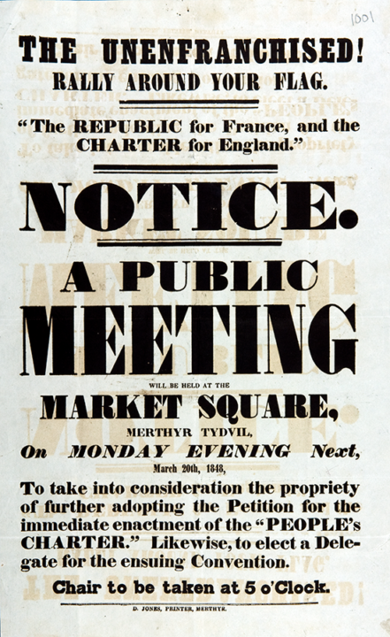 This poster advertised an earlier Chartist public meeting in March 1848, in Merthyr Tydvil in Wales.