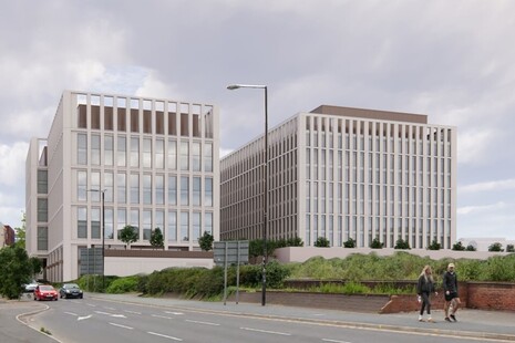 Artists impression of the two government hubs that will be built to form the Manchester Digital Campus