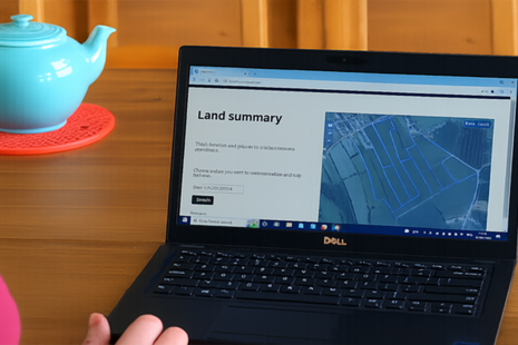 A laptop screen showing the "Land summary" screen on the Rural Payments service