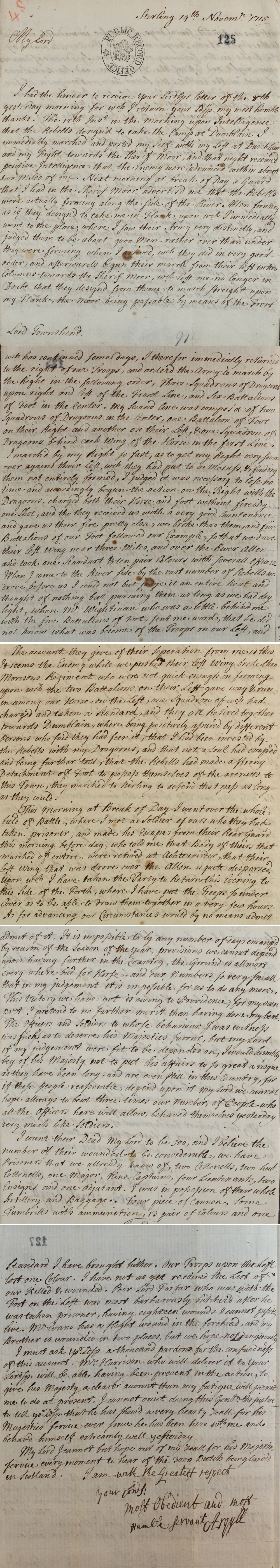 Letter from Lord Argyll to Lord Townshend, Secretary of State, 14 November 1715 (SP 54/10/48)