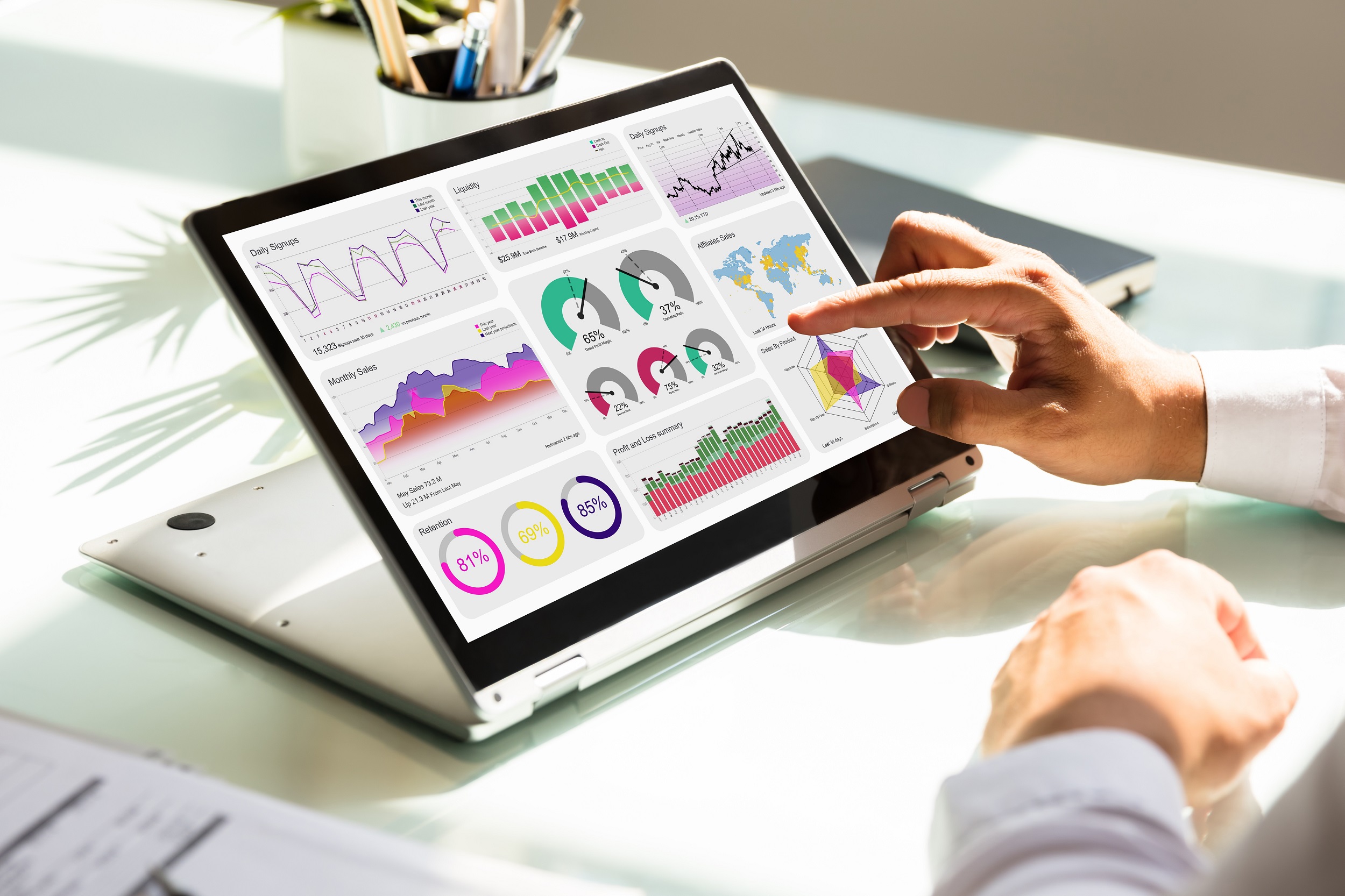 Man pointing to a set of various graphs and charts on a laptop screen.