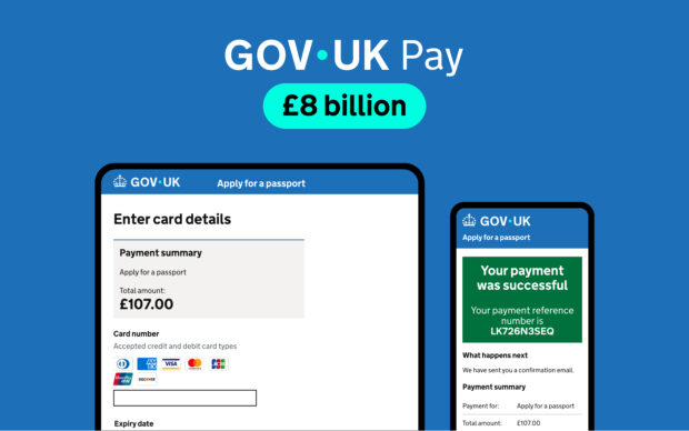 GOV.UK Pay £8 billion. Showing GOV.UK Pay screen on an iPad and a mobile phone