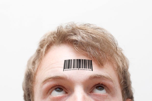 Image of barcode on forehead.