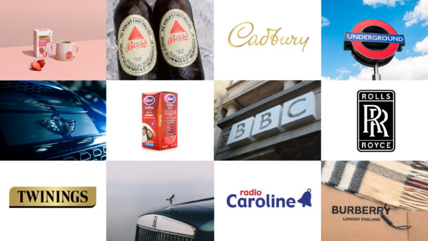 Collage of iconic British brands including Twinings, Bass, Cadbury, London Underground, Mini, Calpol, BBC, Rolls-Royce Aerospace and Cars, Radio Caroline and Burberry.
