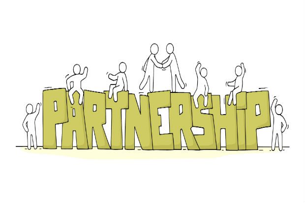 The word partnership with figures shaking hands and waving