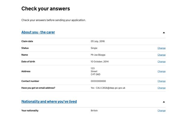 The 'Check Your Answers' feature on Carer's Allowance Digital Service