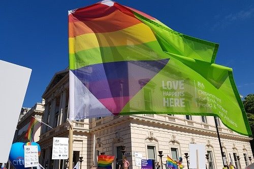 Picture shows a rainbow coloured flag.
