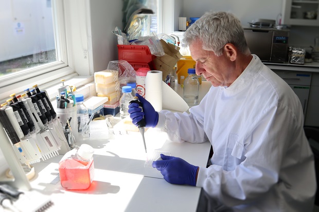Male scientist pipetting whilst seated in a science laboratory.