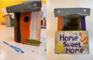 Two photos of hand made bird box houses painted in bright colours . A sign on the front of one reads "Home Sweet Home"