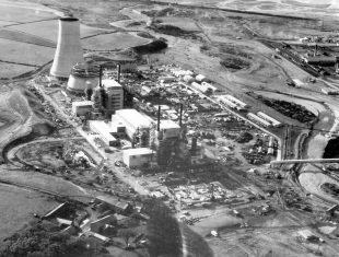 The construction of Calder Hall on the Sellafield site in the 1950s in black and white
