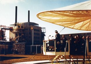 Her Majesty Queen Elizabeth 2 opening Calder Hall outside the cooling towers in colour
