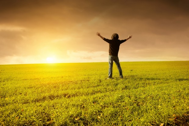 Man in a field looking at a sunset