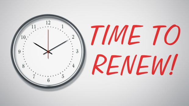 A clock on the wall with text time to renew