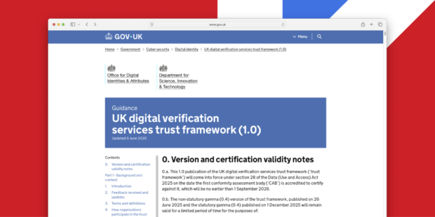 A web browser window showing the final release of the 1.0 publication of the UK DVS trust framework