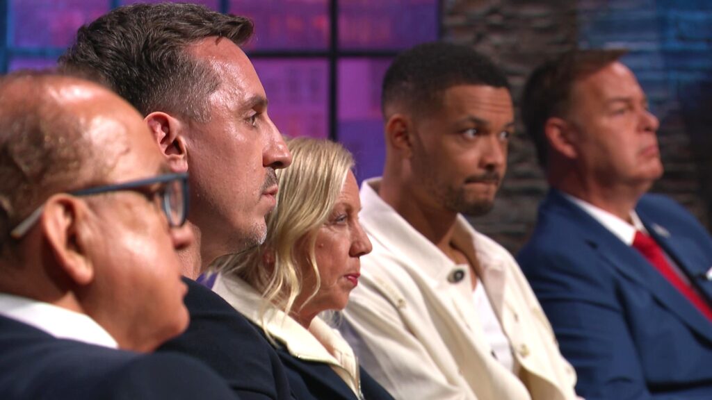 BBC Dragons listen intently - Touker Suleyman, guest Dragon Gary Neville, Deborah Meaden, Steven Bartlett, Peter Jones.