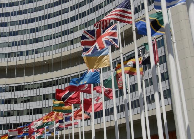 Flags flying outside the United Nations (UN) in Vienna
