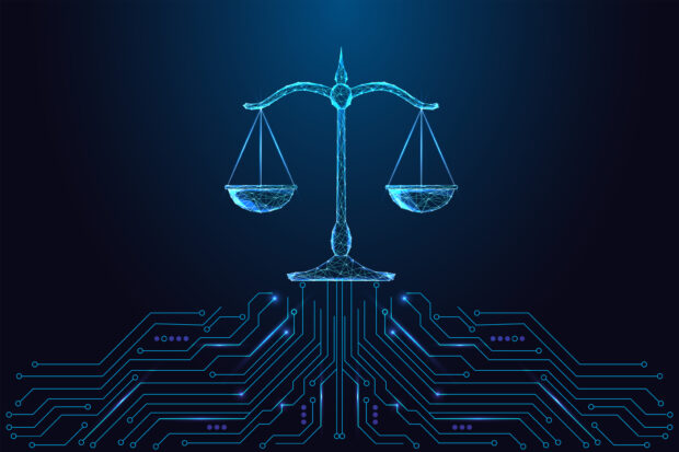 Futuristic scales of justice above glowing circuit lines, symbolising AI in the legal system.