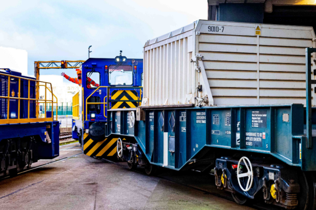 Flask containing spent fuel arrives by train into the Fuel Handling Plant on the Sellafield site.