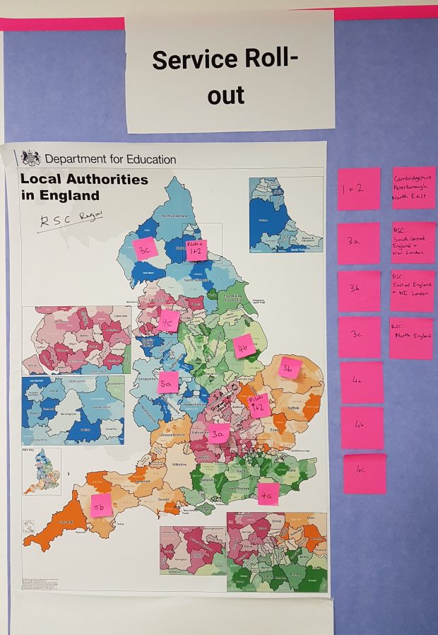 Map of the UK with colour coded regions showing the roll out fo the Teaching Vacancies service. The text on the map is illegible.