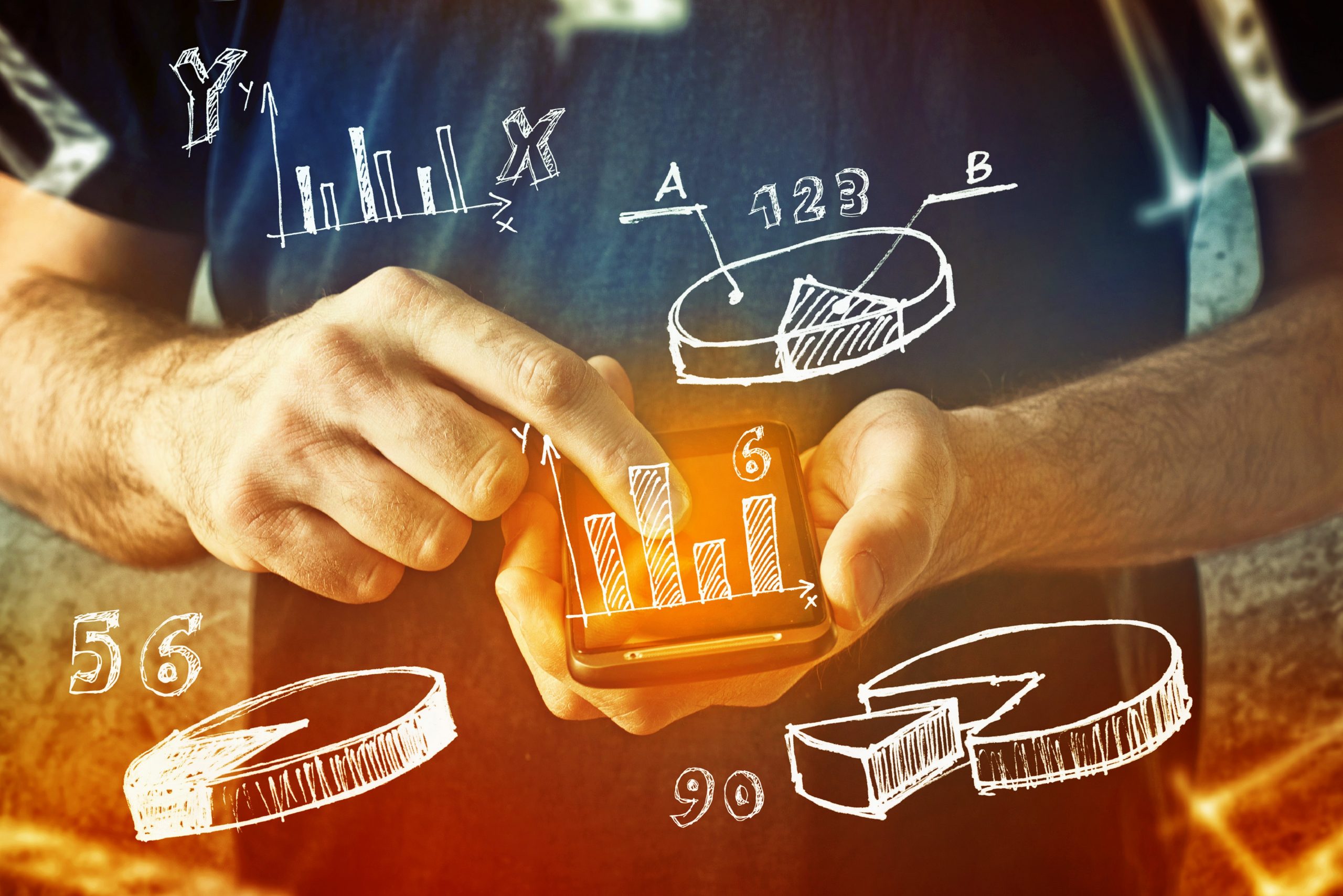 Image of man holding a mobile phone, with drawn images of pie charts and graphs floating in front of him.
