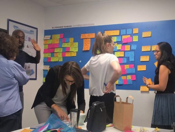 members of a team stood around a colourful agile wall with lots of post-its on it