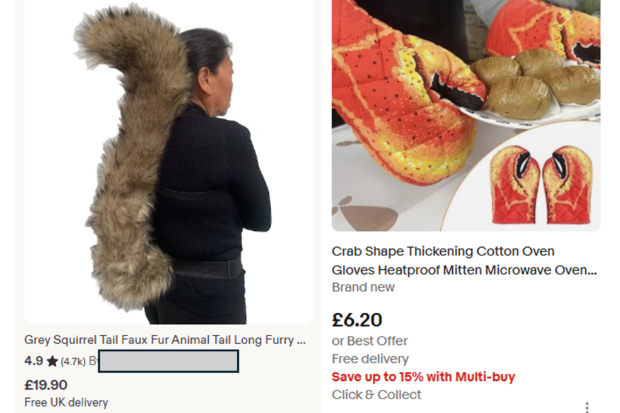Split image - on the left is an image of a female wearing a large fluffy faux fur squirrel tail priced at £19.90 and on the right, some crab claw shaped oven gloves priced at £6.20