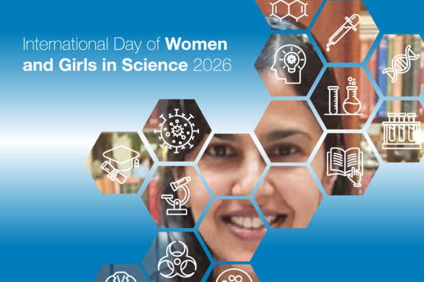 Image of a female smiling, partially covered in hexagon shapes, each containing a scientific image in their centres. The title, "International Day of Women and Girls in Science 2026" is displayed.