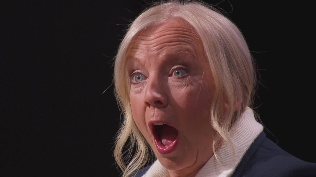 An image of Dragon Deborah Meaden with a shocked expression.