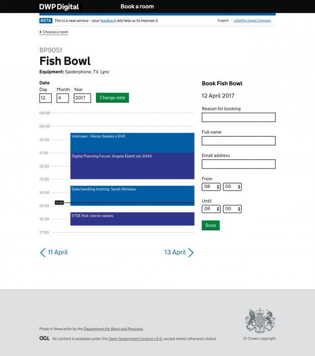 A screen showing the 'Book a Meeting Room' service