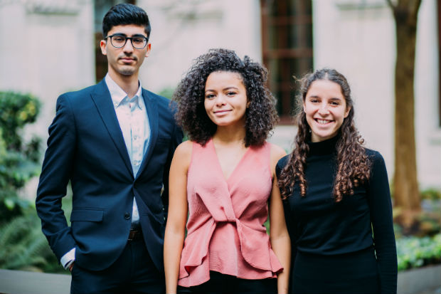Three young Government Economic Service economists, Manraj Bhamra, HM Treasury, Lucia Slater, Department for International Trade, and Olivia Goldin, Department for International Trade