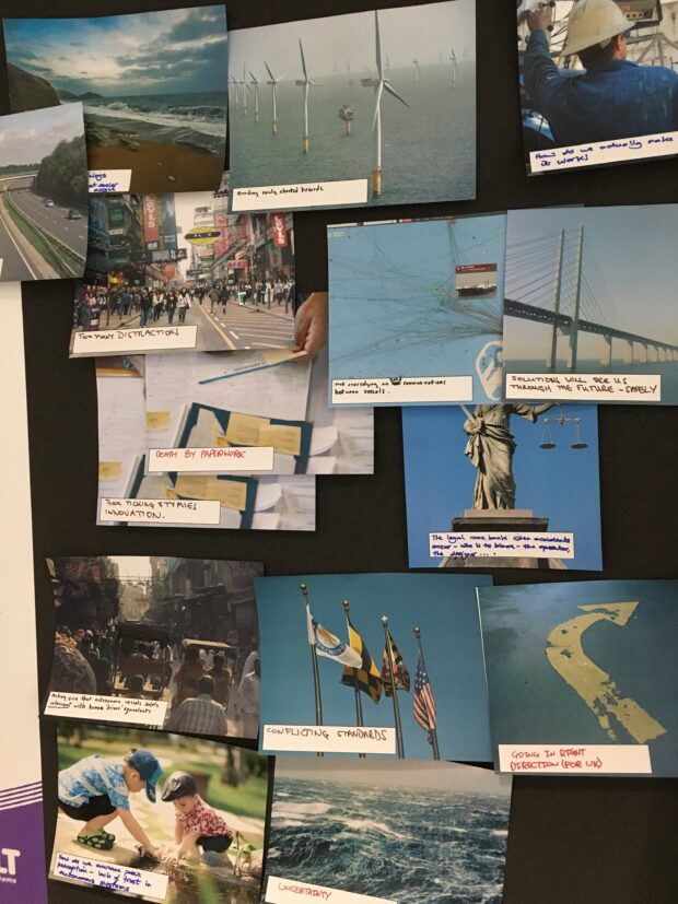 Images relating to the sea that were used at the workshop. For example: wind turbines, waves, flags.