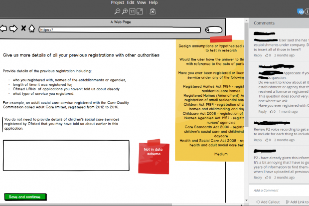 Screenshot of the prototyping tool. To the left is a mock up of a page titled 'Give us more details of all your previous registrations with other authorities'. Two digital sticky notes are also present on the screen. To the right is a sidebar with a number of comments in, containing observations from the research.