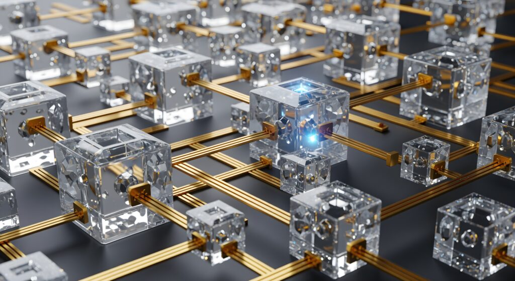 Structured Network of Clear Faceted Cubes with Illuminated Core, Symbolizing Data Flow, Blockchain Connectivity, and Advanced Computing Technology.