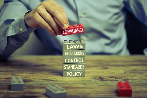 Diagram demonstrating that factors such as policy. standards, control, regulations and laws are all building blocks for compliance