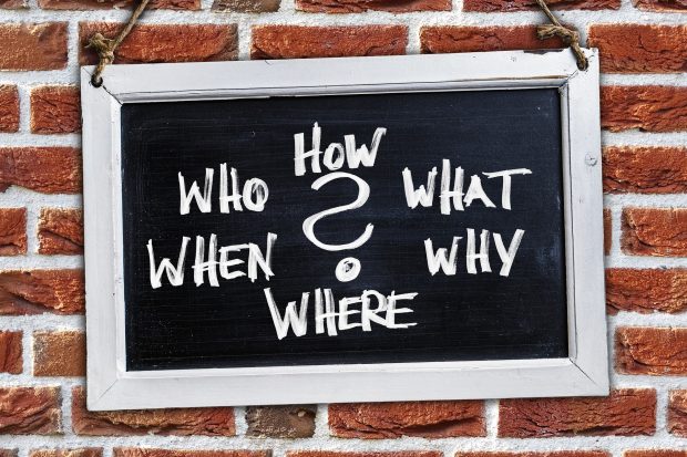 Questions: Who, How, What, When, Why and Where on a blackboard