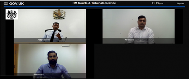 A screenshot taken from a computer of three people taking part in a video hearing.
