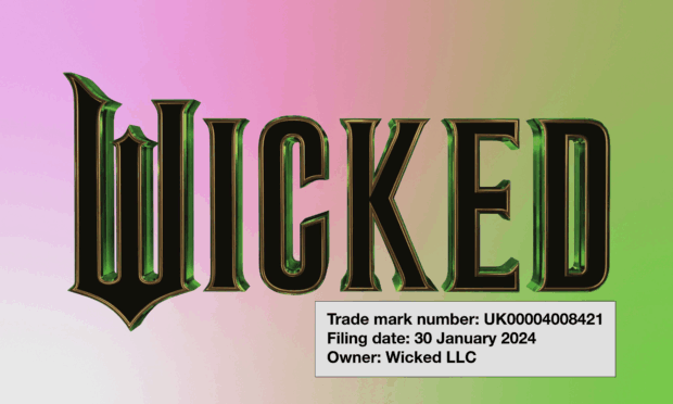 The Wicked movie trade mark. Text reads: Wicked, trade mark number: UK00004008421, filing date: 30 January 2024,
owner: Wicked LLC. On a pink and green gradient background.