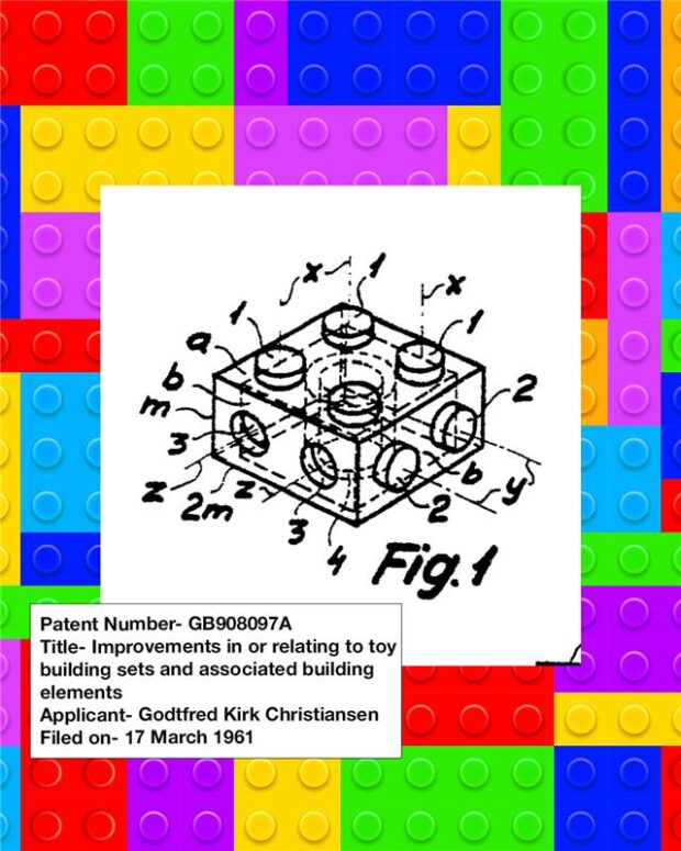 A patent drawing for a lego brick - patent GB908097A, improvements in or relating to toy building sets and associated building elements by applicant Godtfred Kirk Christansen, filed on 17 March 1961. The image is placed on top of an image of a coloured LEGO bricks