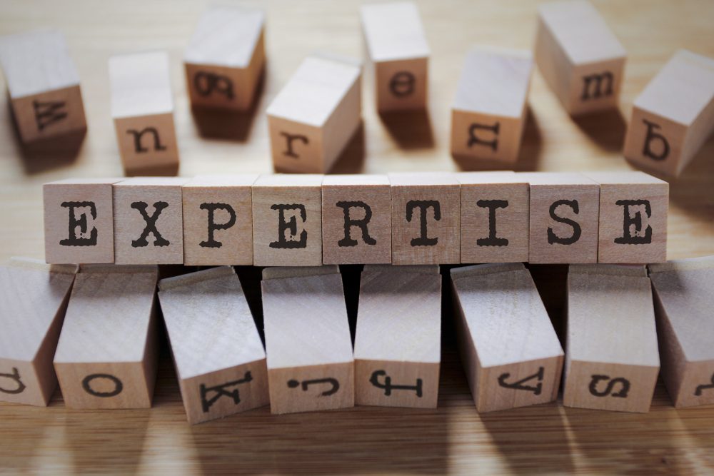 Wooden blocks spell out the word expertise.