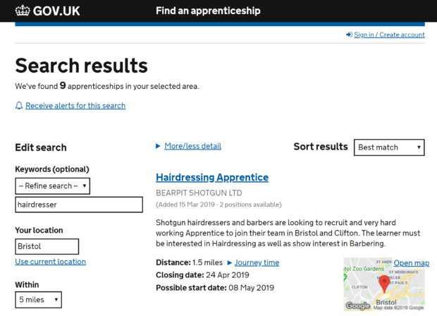 Screen shot of the Apprenticeships service on GOV.UK. Screen shot shows an example of a search engine finding a hairdressing apprenticeship in Bristol.