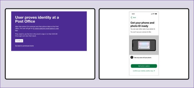 Two pages from the GOV.UK One Login prototype. The left page is an interstitial page explaining how users can prove their identity at a Post Office, including details about scanning photo ID and receiving results via email. The right page shows a mobile frame on a desktop, displaying an app interface that instructs users to prepare their phone and photo ID, with a button to 'Start photo capture.'