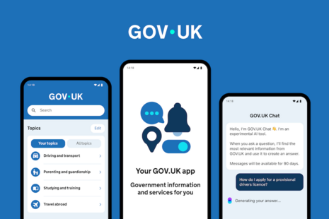 Images of the GOV.UK app including the GOV.UK Chat