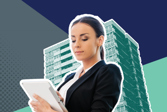 A building professional assesses something on a device in her hand. She's in a photo montage that places her in front of a high-rise building, with BSR colours around her.