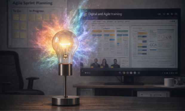 A lit up light bulb sending out an aura of rainbow light. In the background is a computer screen showing details of a Digital and Agile training course.