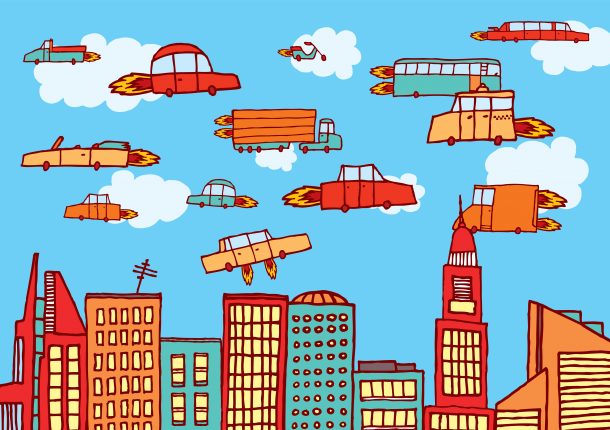 Cartoon illustration of flying cars